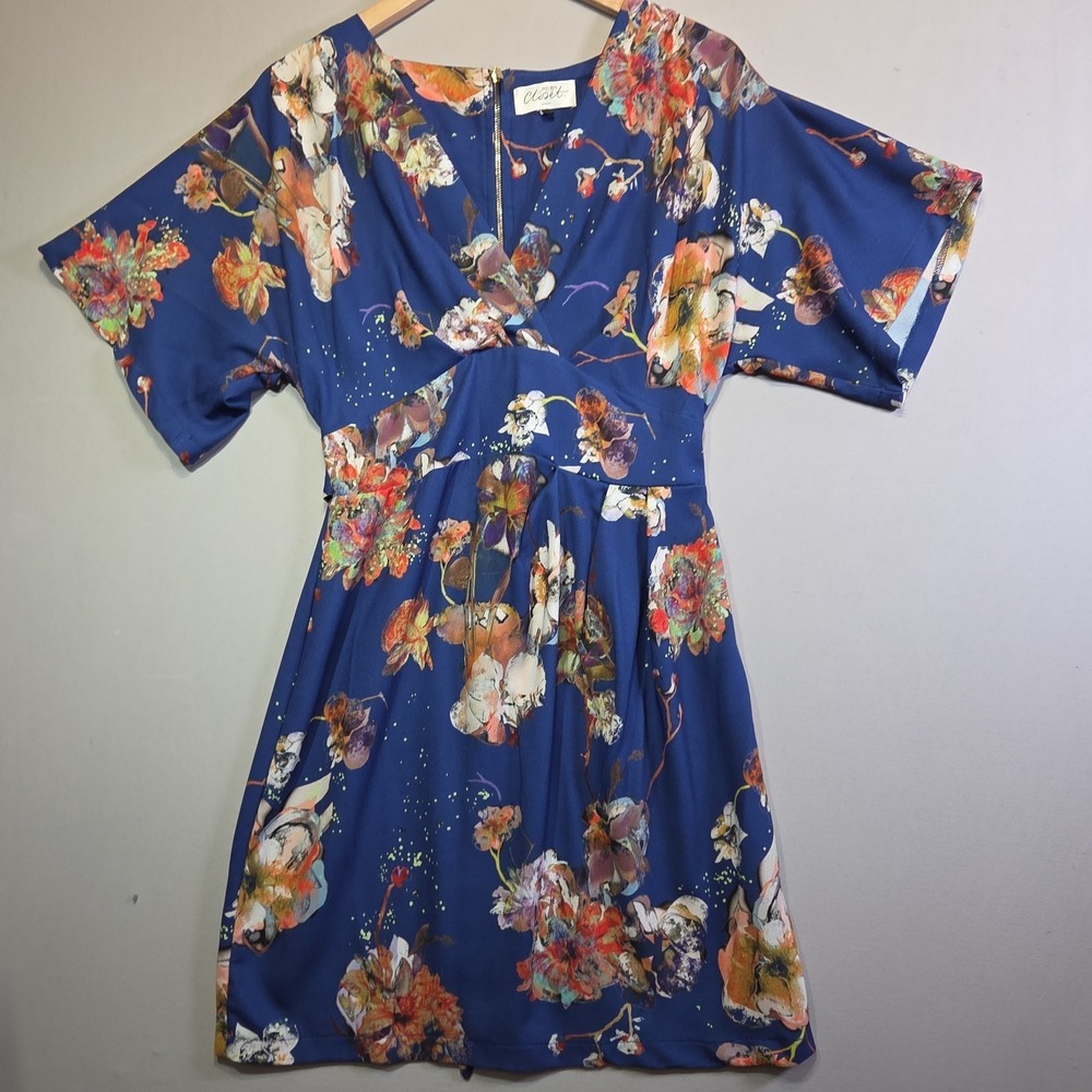Closet‎ London Floral Fit & Flare Dress Blue V-Neck Tie Back Women's US 10 UK 14